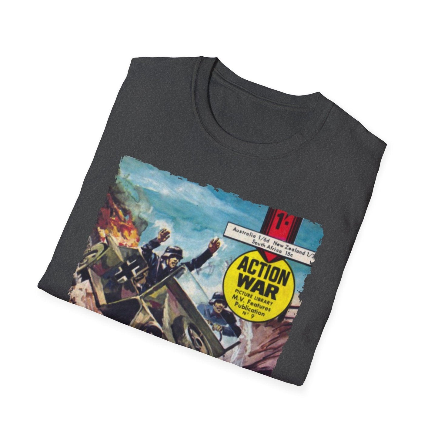 Close-up of the unisex softstyle fabric showing smooth texture and relaxed fit collar detail in deep navy color.