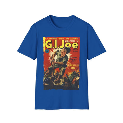 Close-up of the G.I. Joe No.11 Apr softstyle T-shirt's fabric texture and vibrant khaki color from a front angle