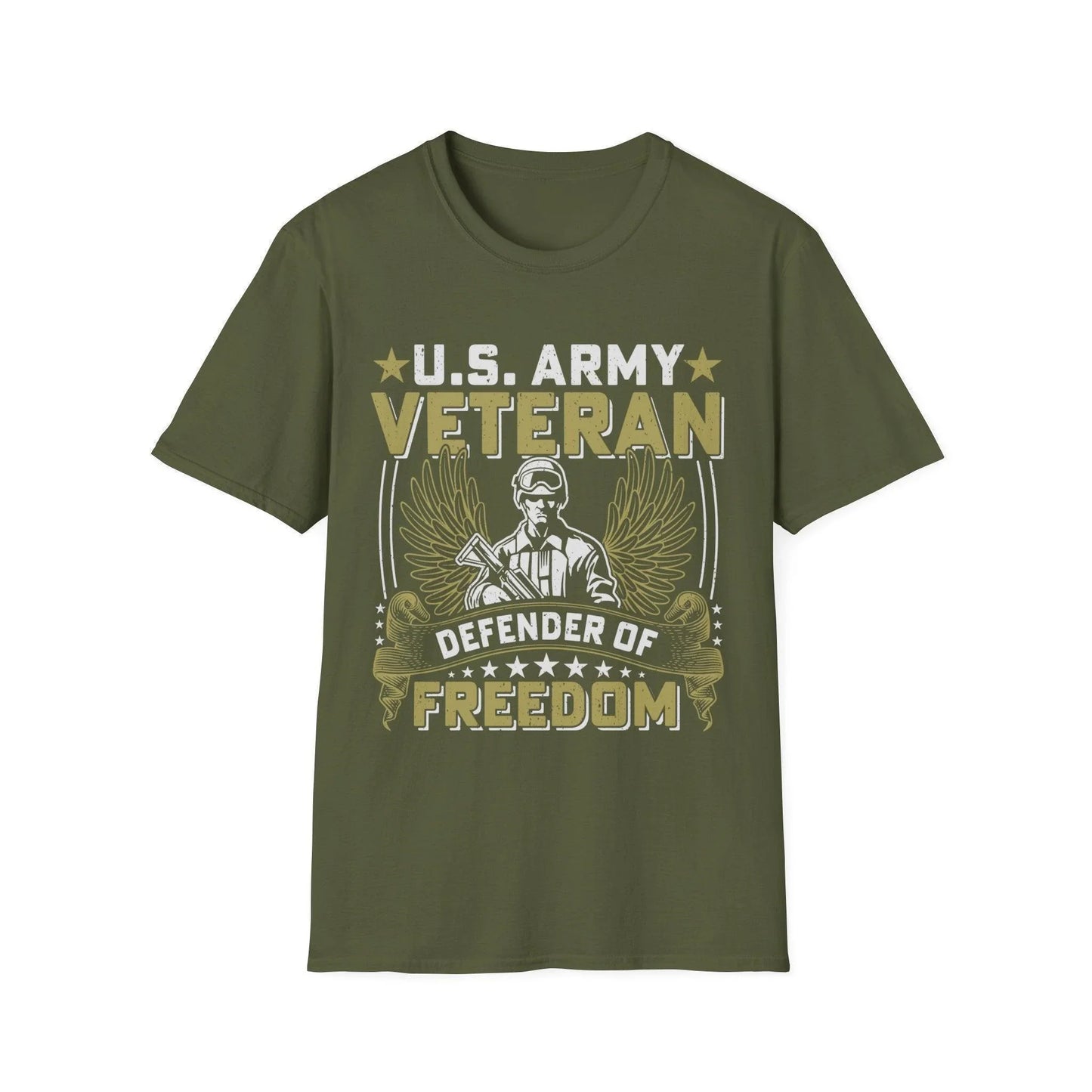 Close-up of the army-inspired printed graphic on the chest of the unisex softstyle T-shirt in olive green, highlighting