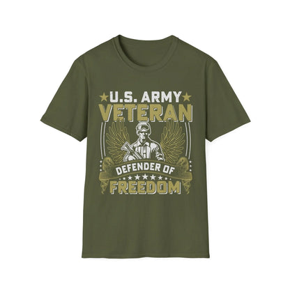 Close-up of the army-inspired printed graphic on the chest of the unisex softstyle T-shirt in olive green, highlighting