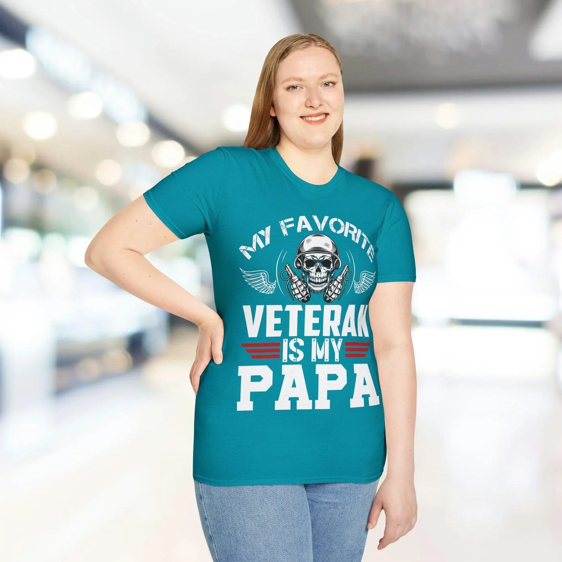 Close-up of the Papa text on the chest print of the light blue, relaxed fit unisex T-shirt with short sleeves and crew