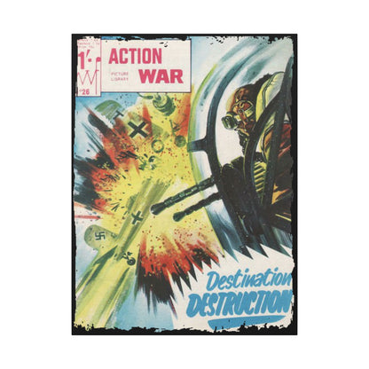 Close-up of the textured canvas surface highlighting the detailed, vintage-style illustration from Action War #26 in muted