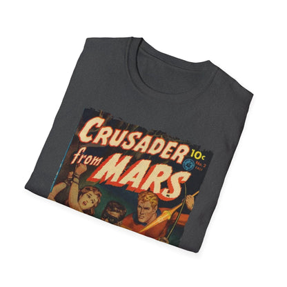 Close-up of the Crusader from Mars 2 unisex softstyle T-shirt displaying the vibrant graphic print on the chest from a front