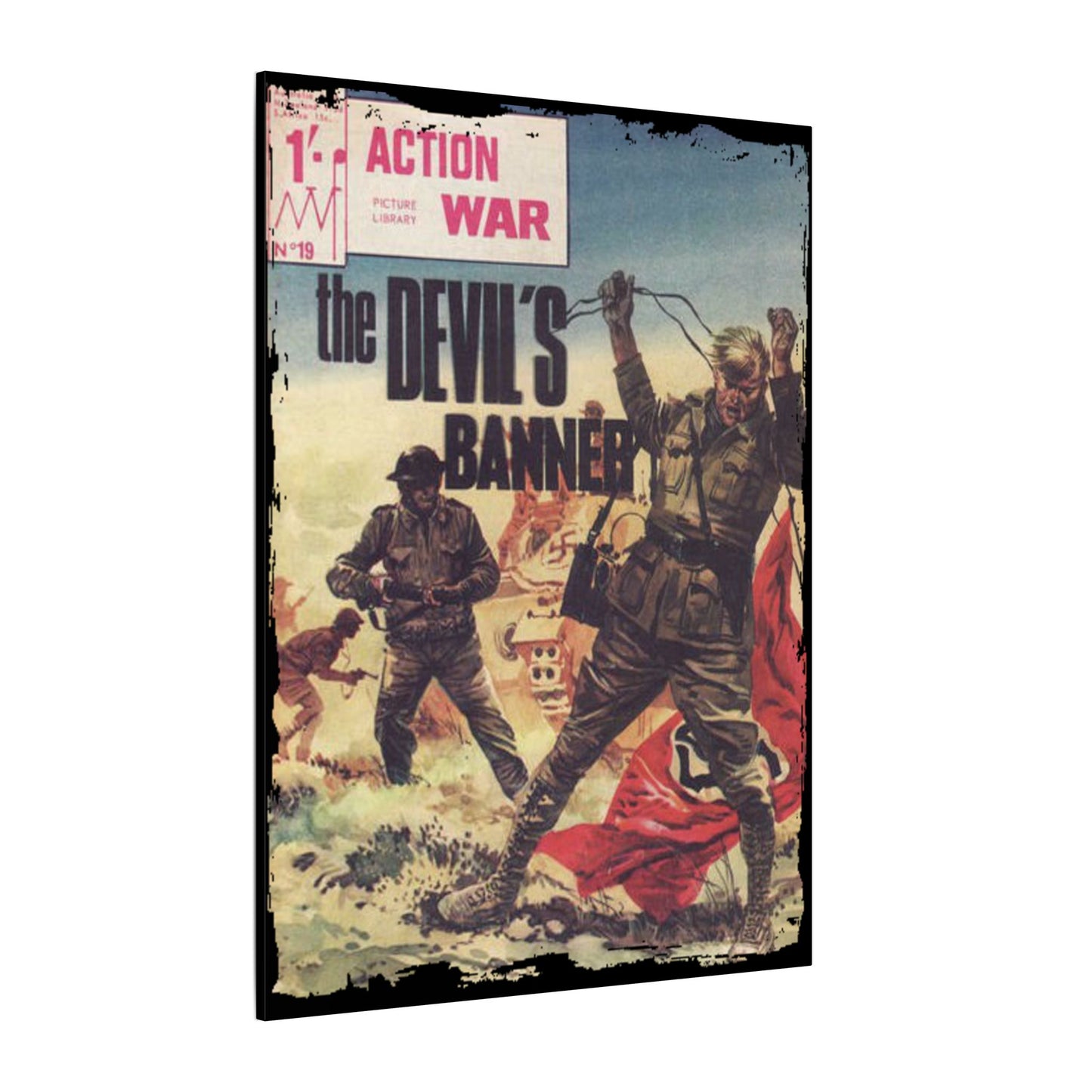 Close-up of vibrant comic book cover with detailed line art and bold color accents from Action War #19 on canvas