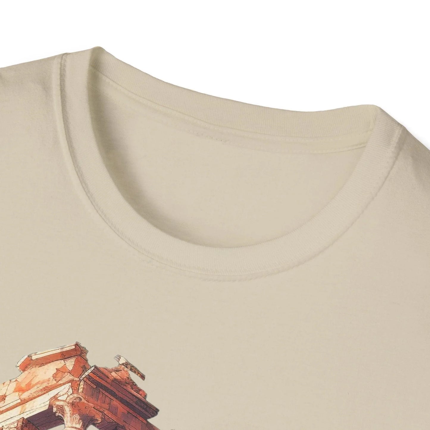 Close-up of the unisex softstyle T-shirt's relaxed fit and deep crew neckline in vibrant navy, showcasing smooth fabric