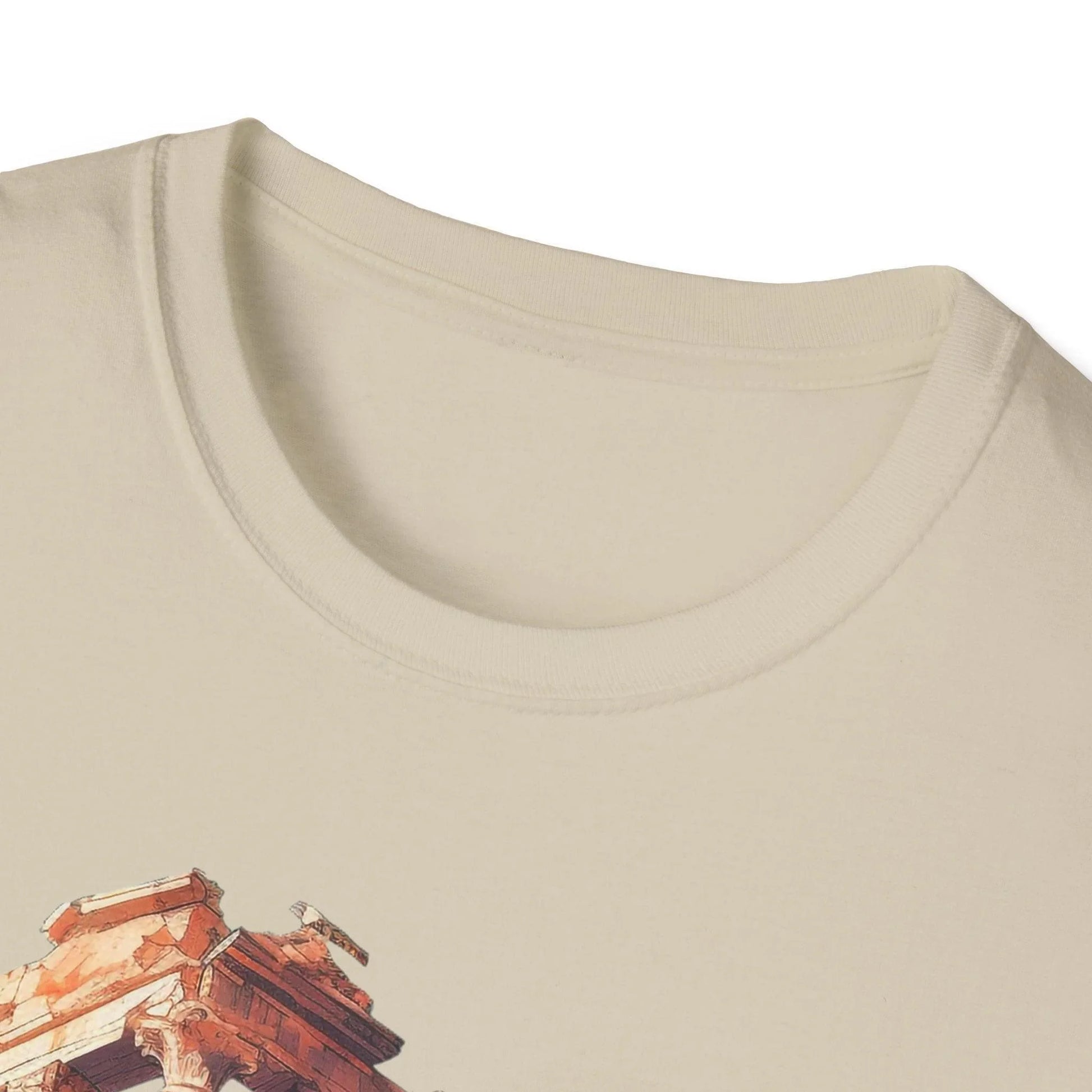 Close-up of the unisex softstyle T-shirt's relaxed fit and deep crew neckline in vibrant navy, showcasing smooth fabric