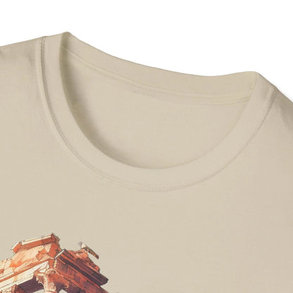 Close-up of the unisex softstyle T-shirt's relaxed fit and deep crew neckline in vibrant navy, showcasing smooth fabric