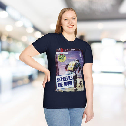 Close-up of the unisex softstyle fabric showcasing the smooth, relaxed fit in deep navy with subtle stitched neckline detail.