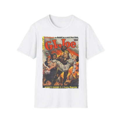 Close-up of the G.I. Joe No.32 softstyle label stitched on the front hem of the relaxed-fit navy cotton T-shirt.