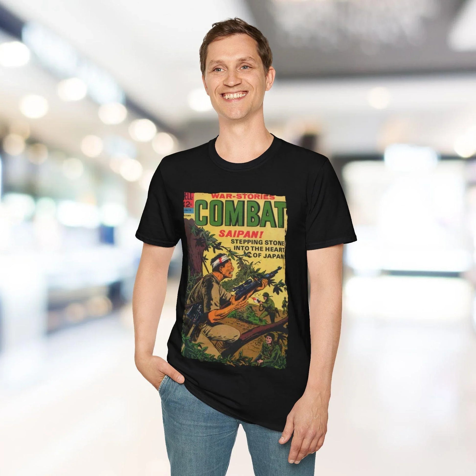 Close-up of the Combat Oct 1967 T-Shirt tag sewn into the neckline with visible stitching on soft cotton fabric in olive