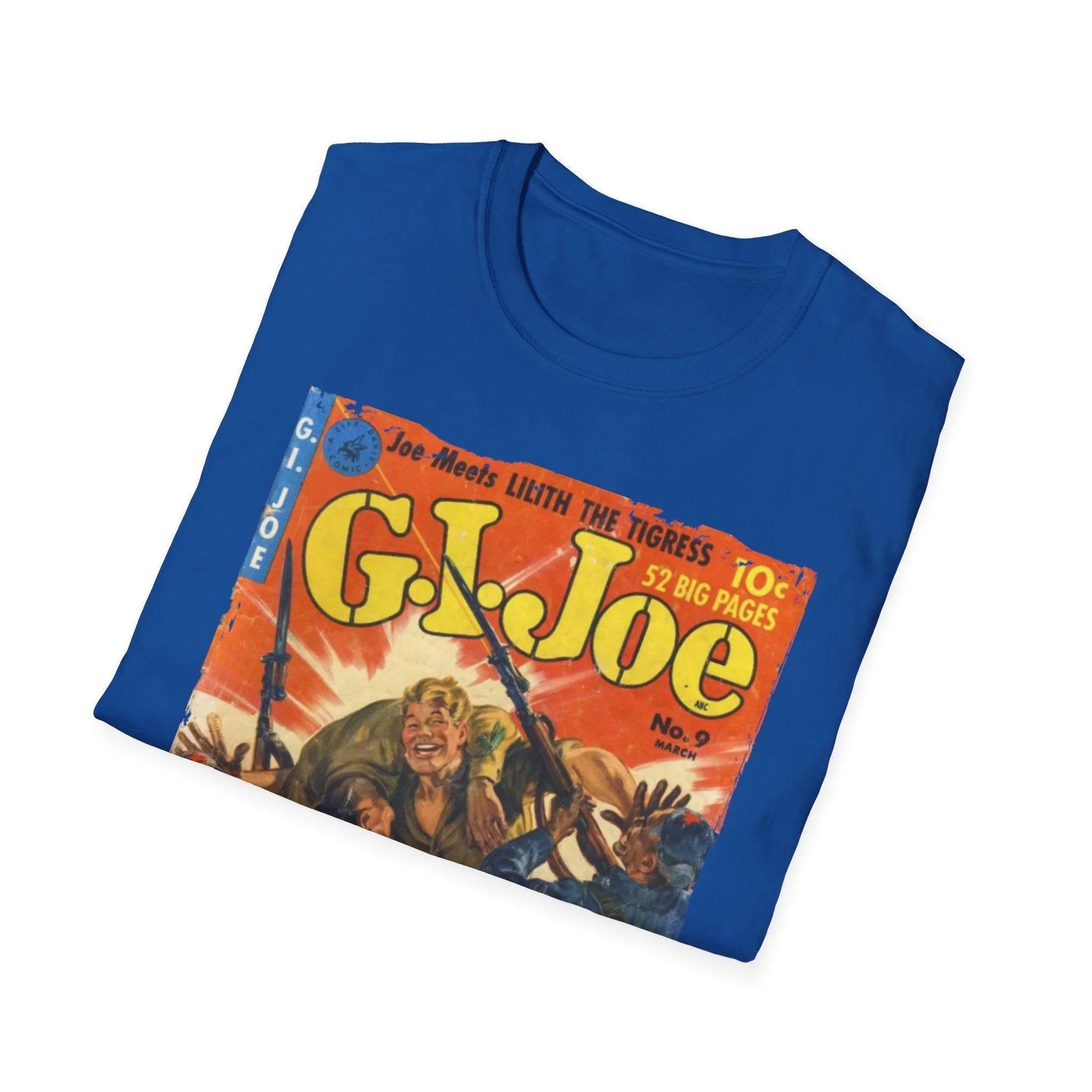 Close-up of the G.I. Joe No.9 unisex softstyle T-shirt's vibrant navy fabric and neatly stitched crew neckline from an