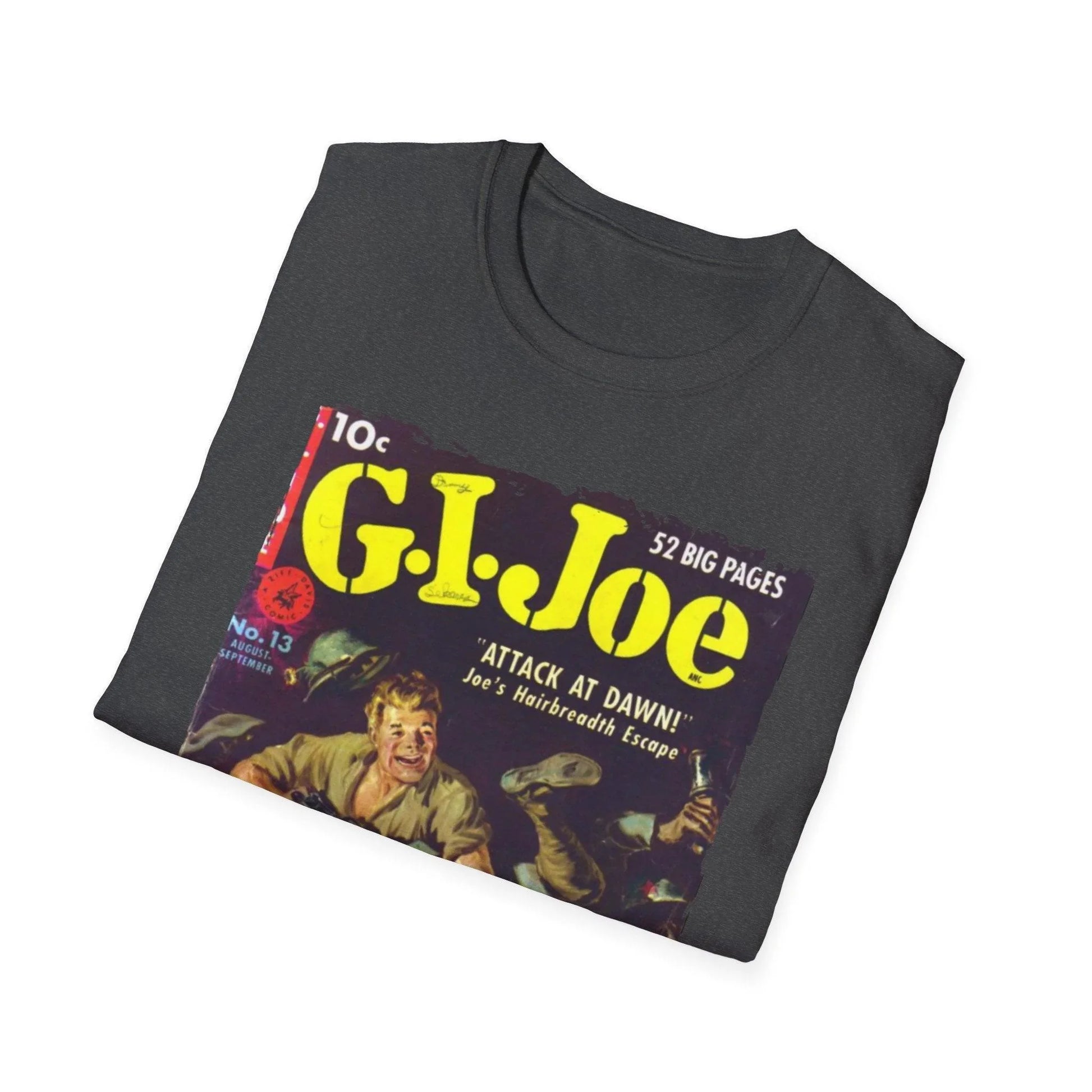 Close-up of the G.I. Joe No.13 unisex softstyle T-shirt’s vibrant navy fabric and reinforced double-stitched crew neckline