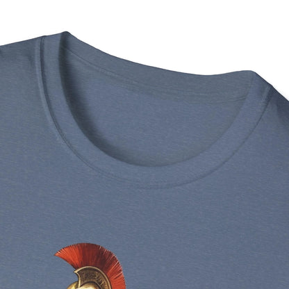 Close-up of the unisex fit label on the neckline of the charcoal gray, relaxed-fit cotton T-shirt highlighting the soft