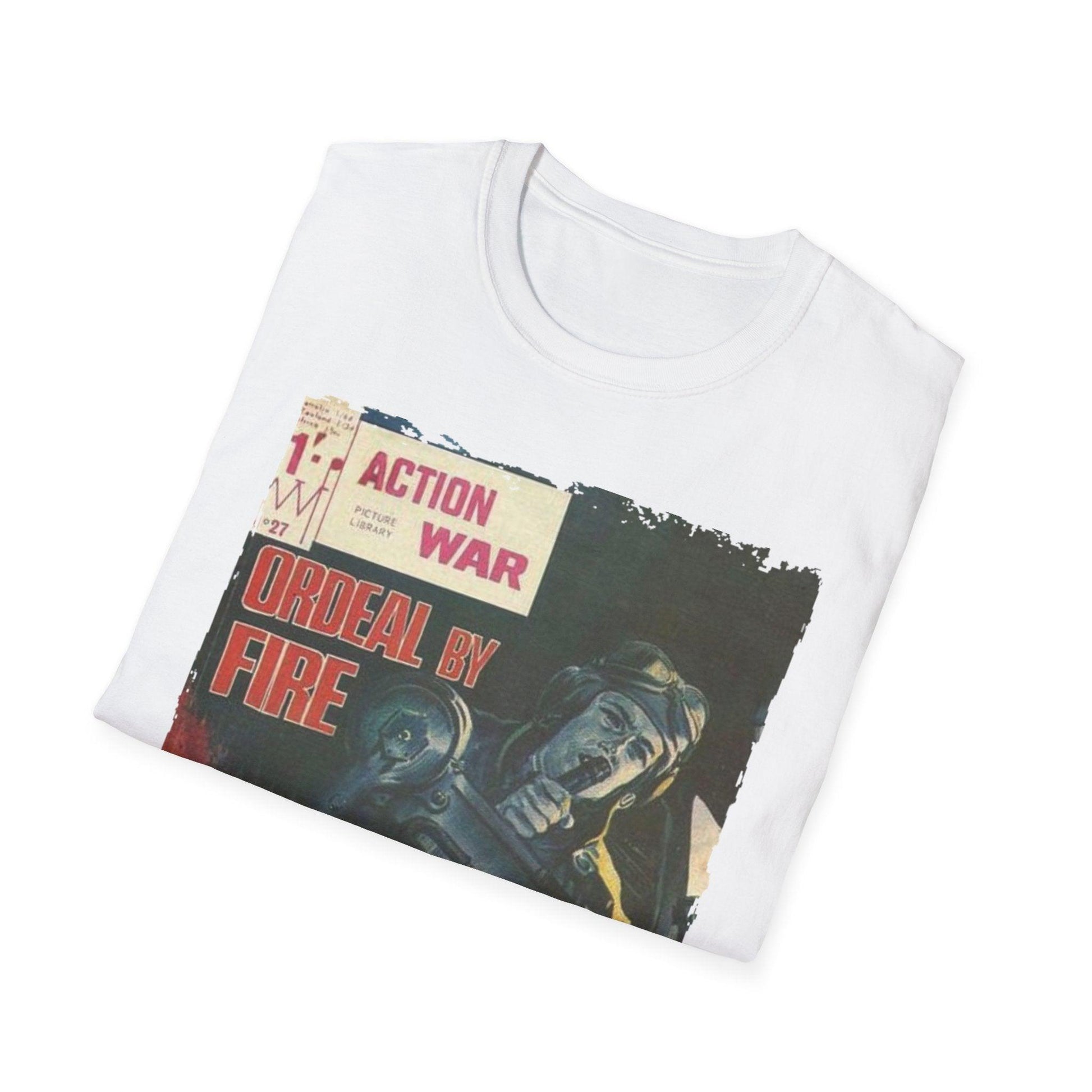 Close-up of the unisex softstyle T-shirt's smooth, heathered fabric with visible neckline stitching and relaxed fit details.