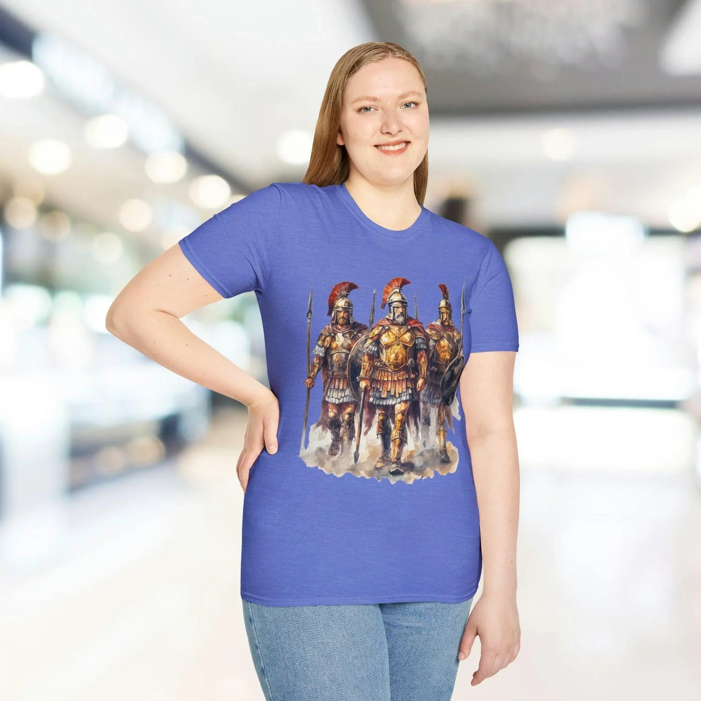 Close-up of the unisex soft blue fabric with subtle distressed print details at the neckline's edge