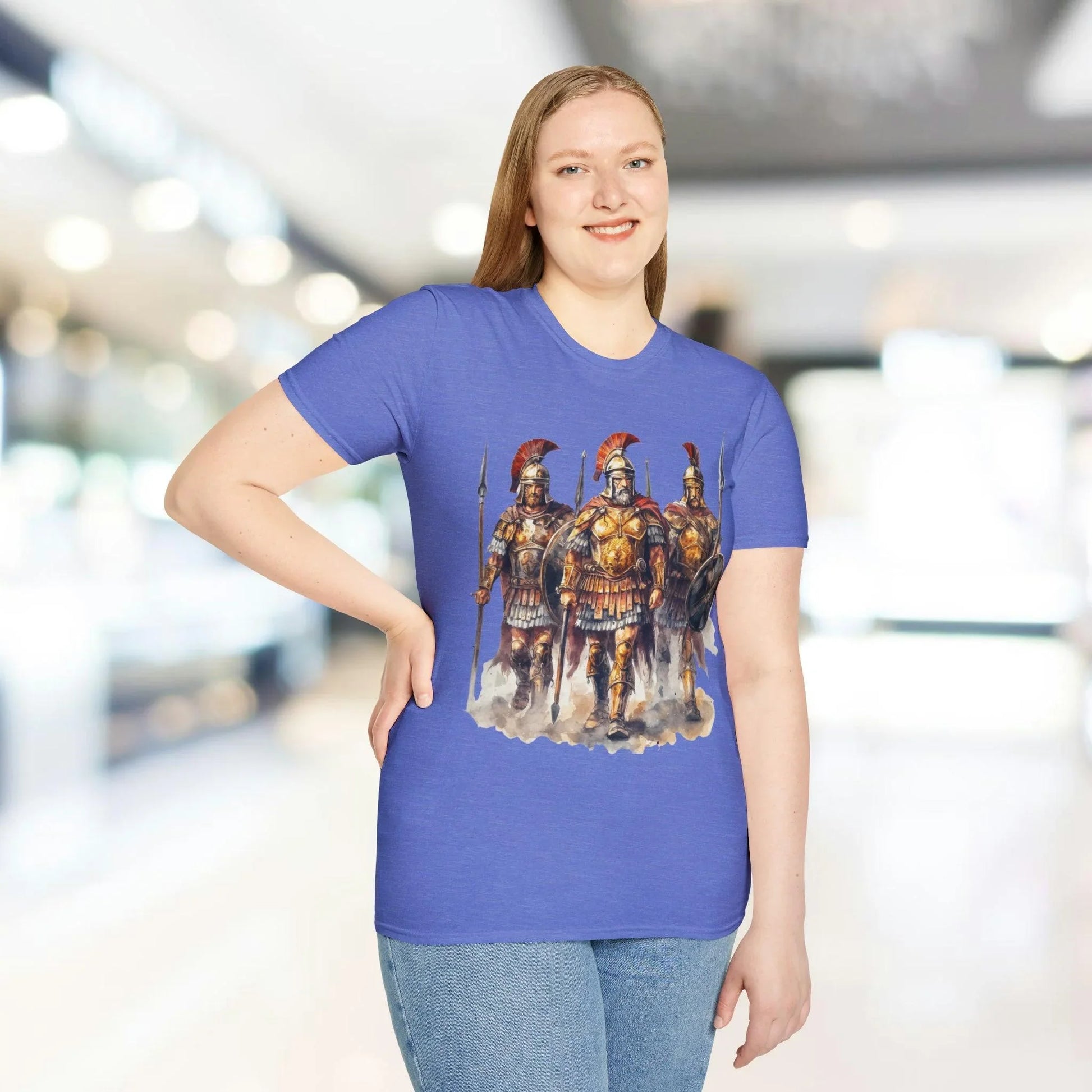 Close-up of the unisex soft blue fabric with subtle distressed print details at the neckline's edge