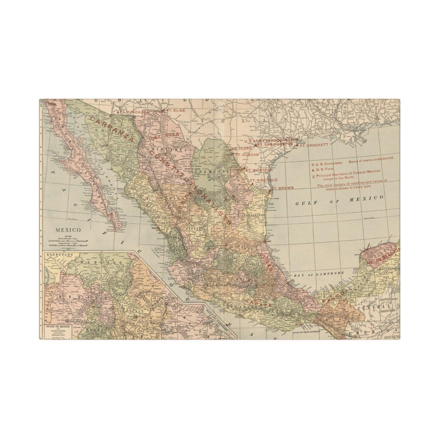 Close-up of textured canvas showing detailed brush strokes and vibrant colors of the Mexican Revolution 1913 artwork.