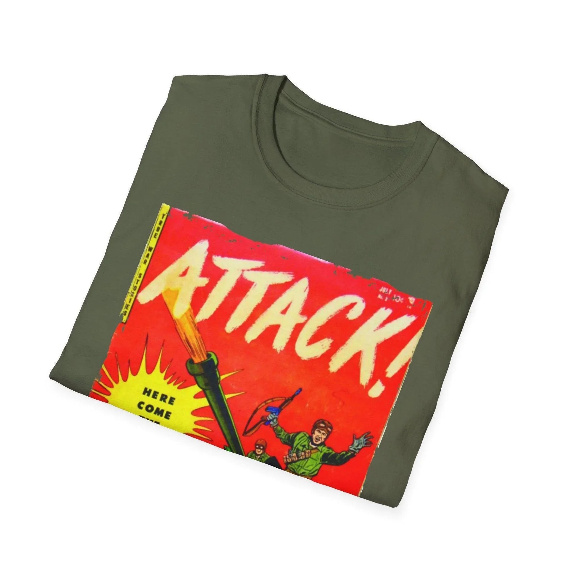 Close-up of the "Attack! July 1952" print on chest with textured cotton fabric and crisp navy color, showcasing
