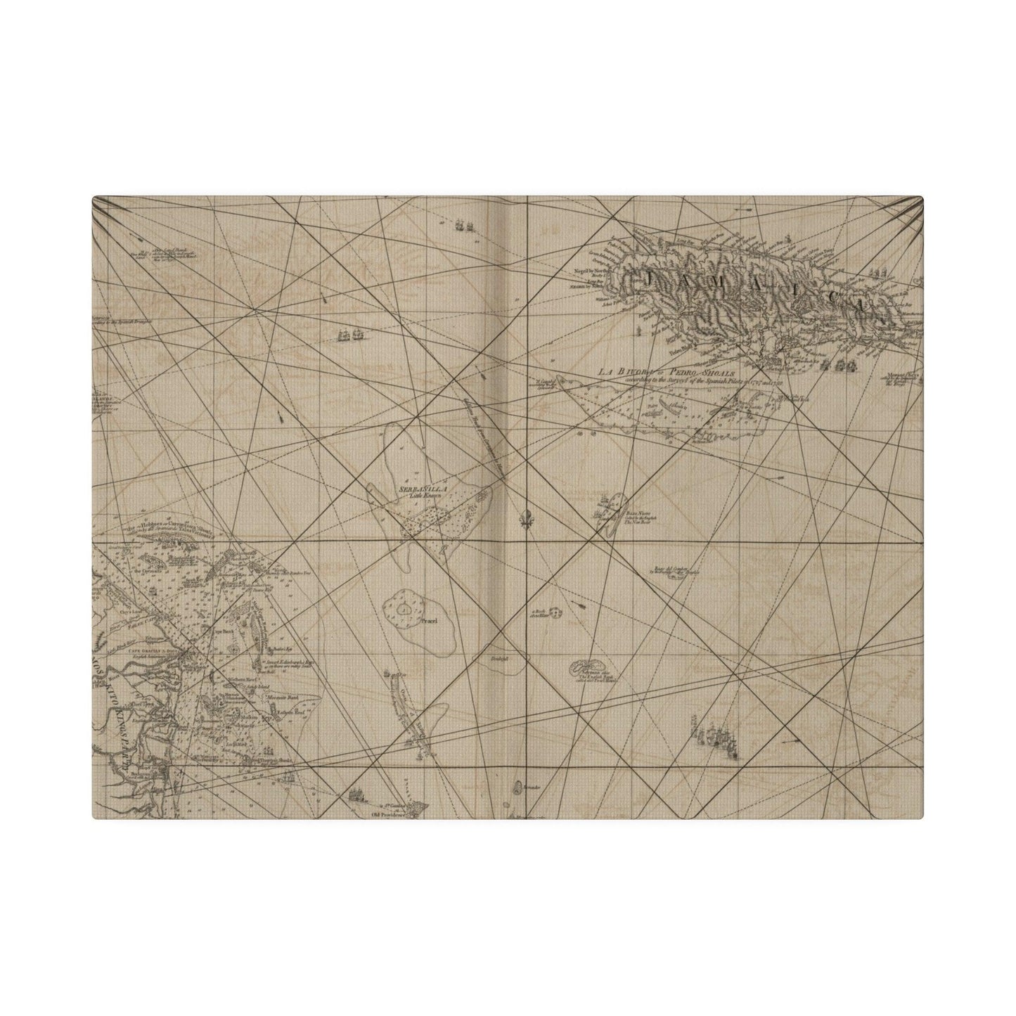 Close-up of vibrant map detail showcasing Jamaica's coastlines and Cape Gracias a Rios in warm canvas tones