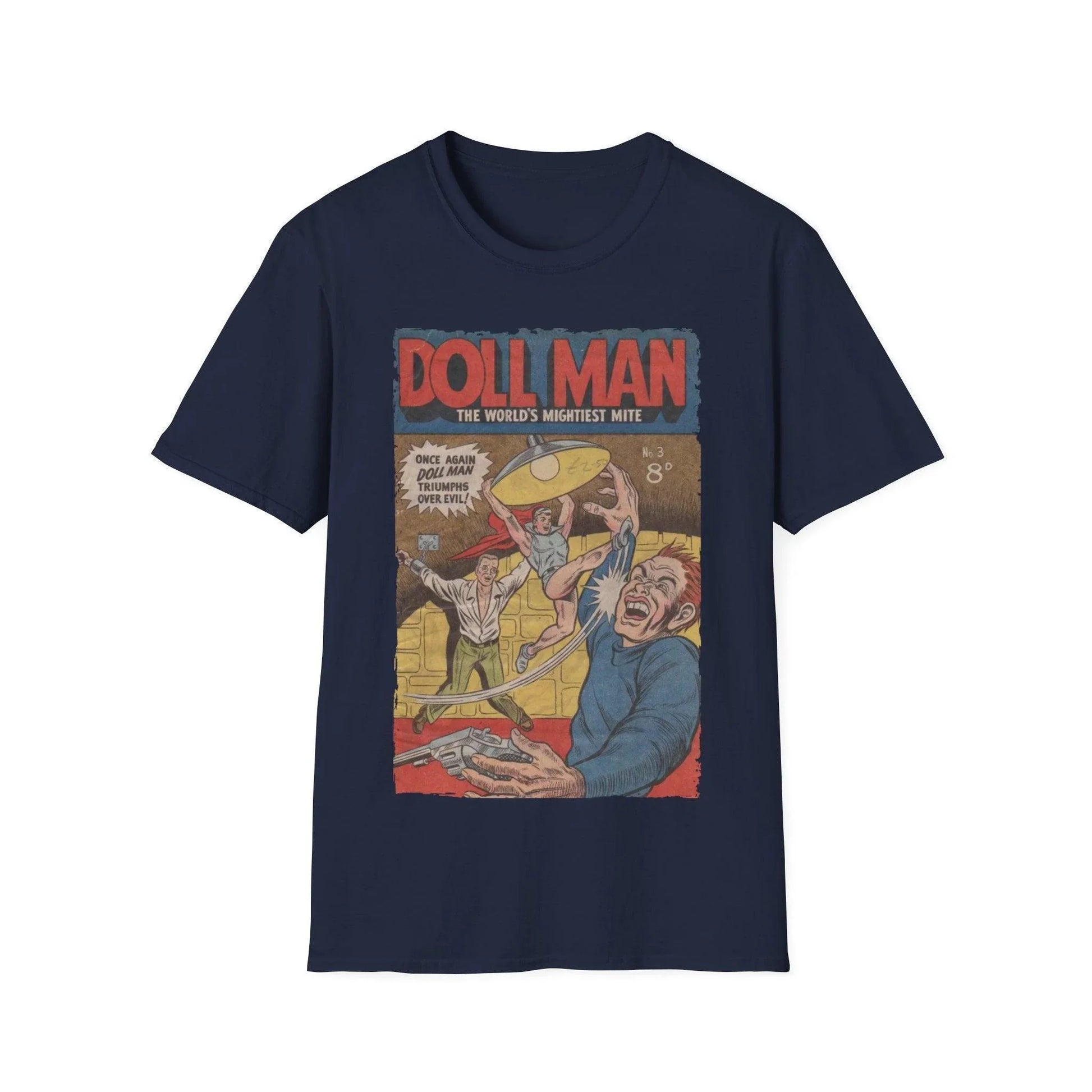 Close-up of the Doll Man No.3 unisex softstyle T-shirt's inside collar tag and stitching details in vibrant red color