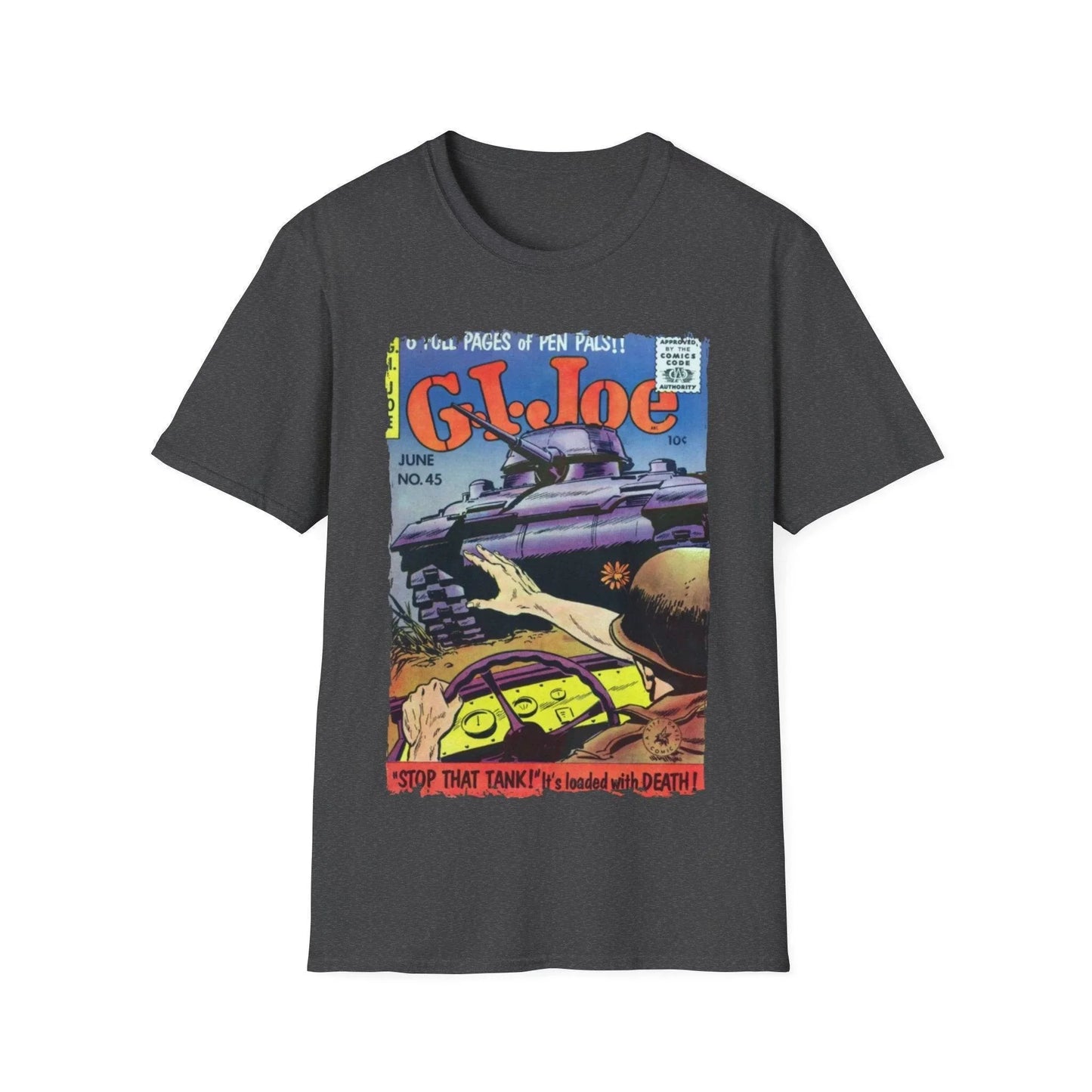 Close-up of the G.I. Joe No.45 unisex softstyle T-shirt's lightweight cotton fabric displaying subtle texture and relaxed