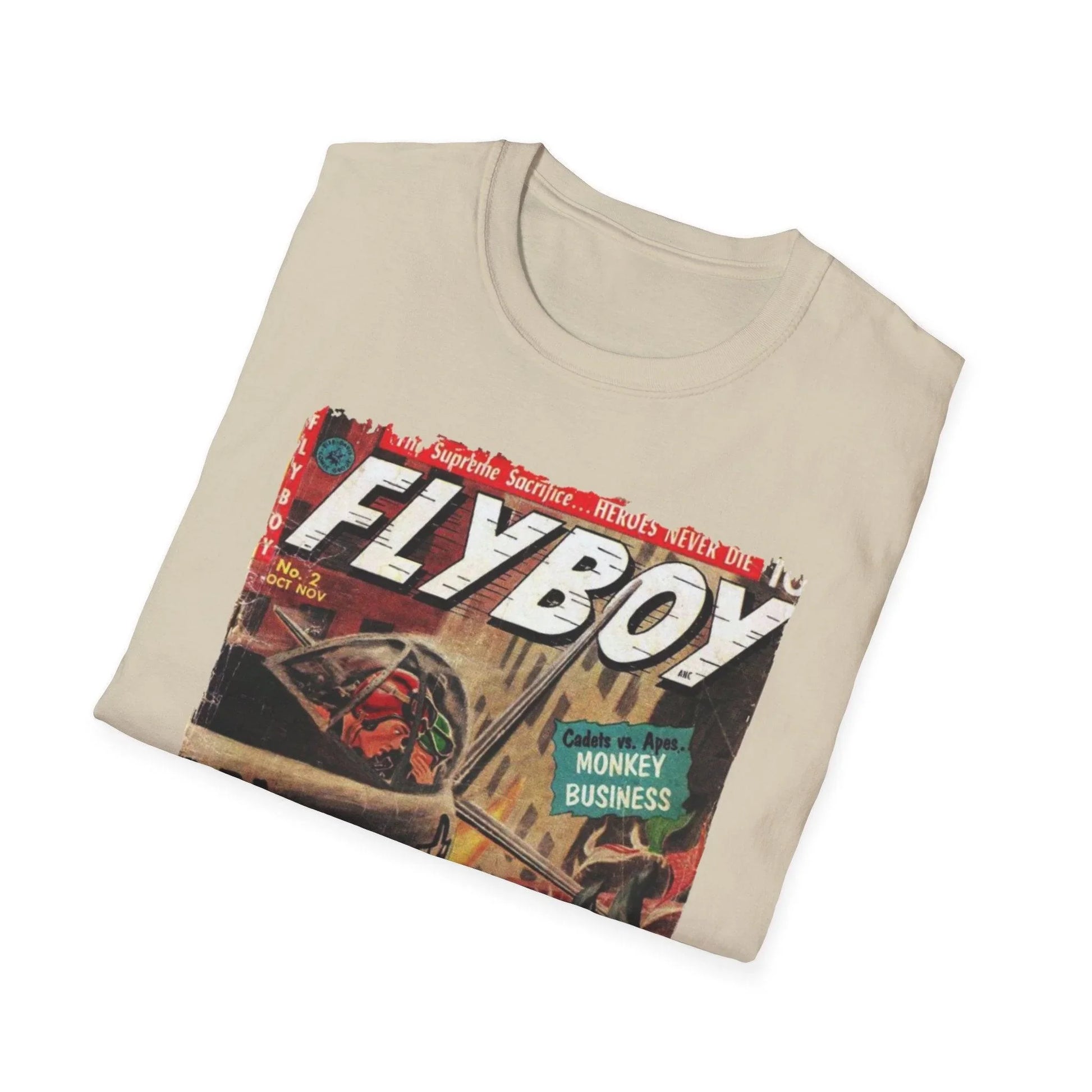 Close-up of the Flyboy No.2 T-shirt's soft cotton fabric, showing relaxed fit and deep navy color from a front angled