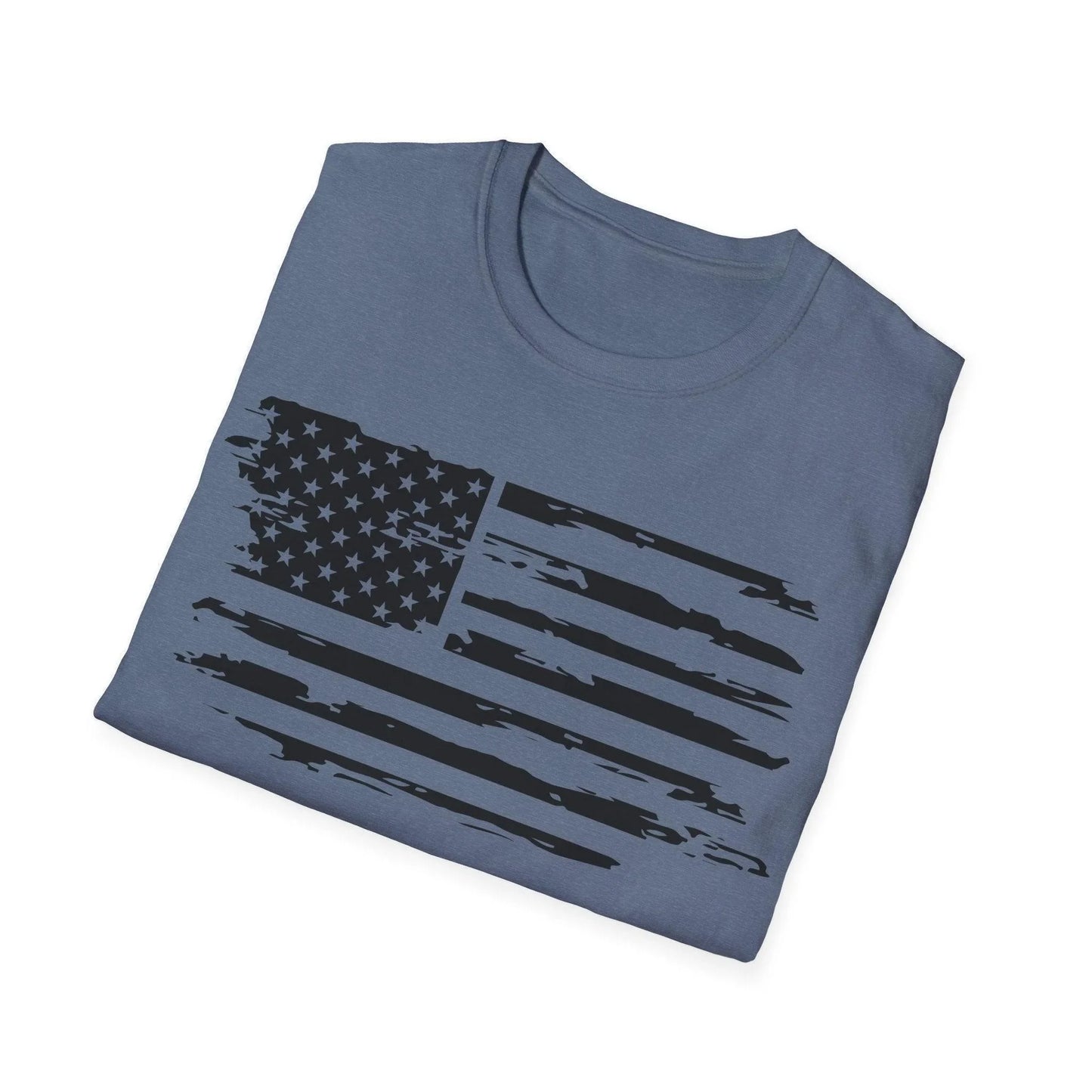 Close-up of black-and-white distressed American flag graphic on the front chest area of the unisex softstyle T-shirt with