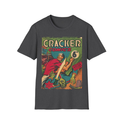 Close-up of the Cracker 1943 unisex softstyle T-shirt's relaxed fit and heather navy fabric highlighting subtle texture and