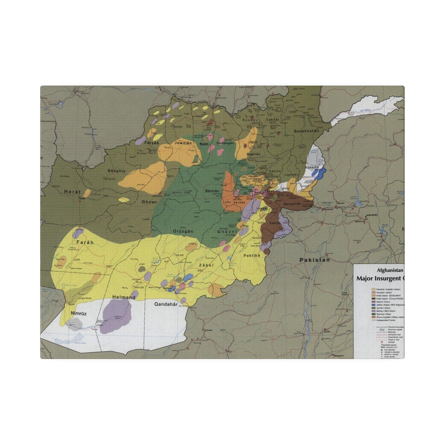 Close-up of textured canvas surface highlighting detailed brushstroke patterns on the 1985 CIA Afghanistan insurgent groups
