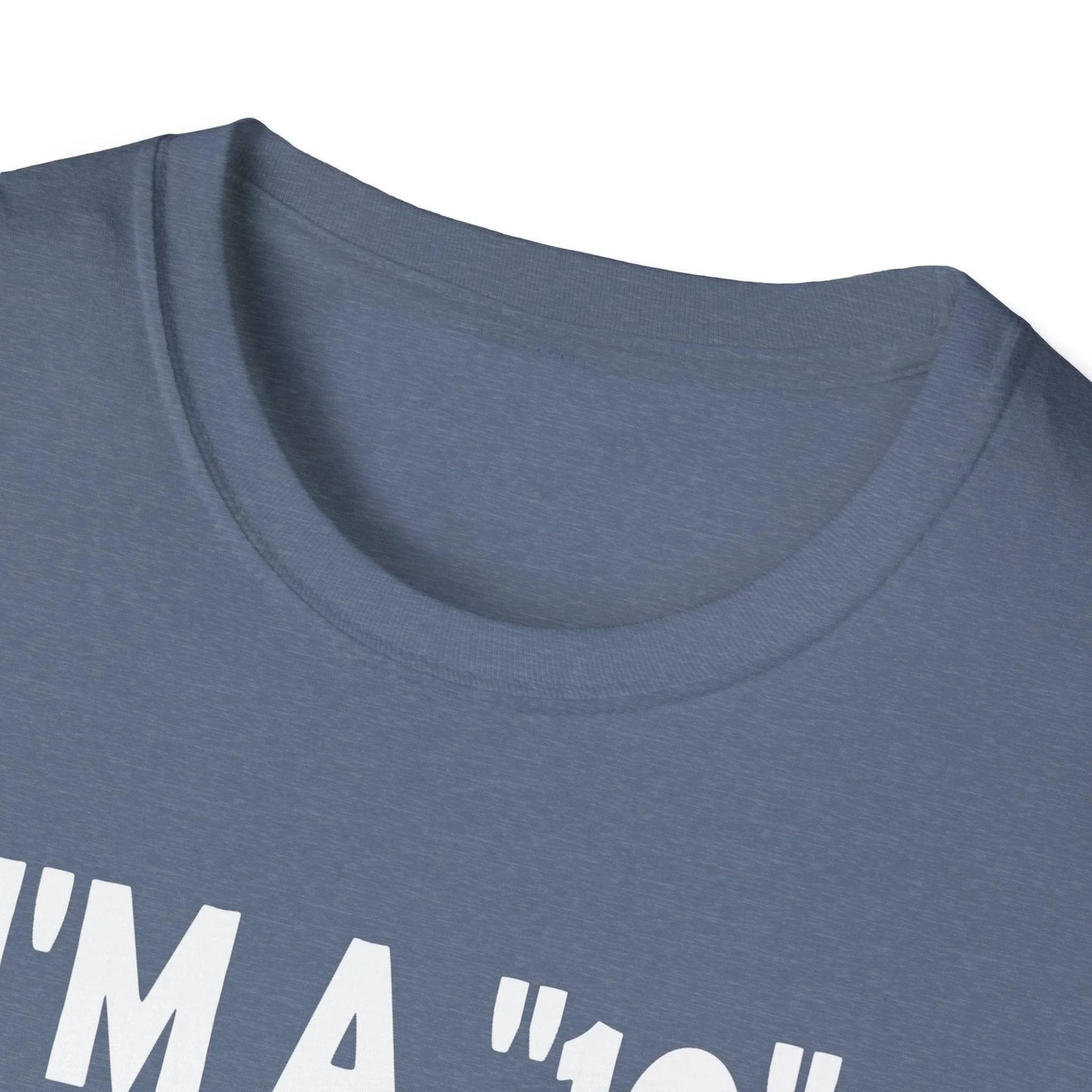 Close-up of the white unisex softstyle T-shirt’s crew neckline and smooth fabric texture from a slightly elevated angle.