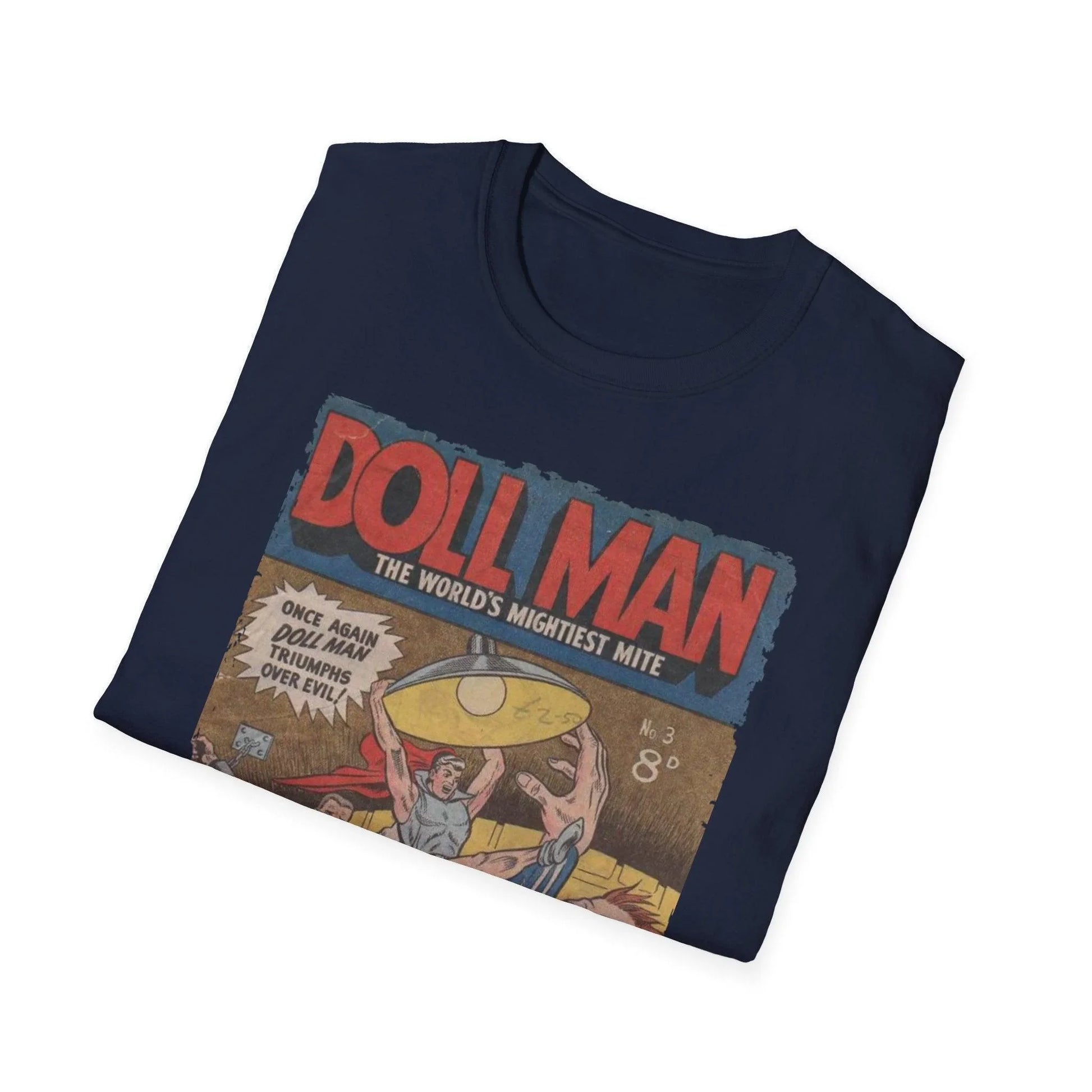 Close-up of the Doll Man No.3 unisex softstyle T-shirt fabric showcasing its smooth, relaxed fit in vibrant navy blue from a
