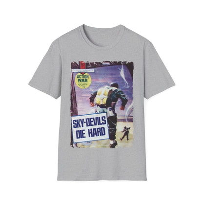 Close-up of the unisex softstyle T-shirt’s smooth, heather gray fabric highlighting its relaxed fit and comfortable crew