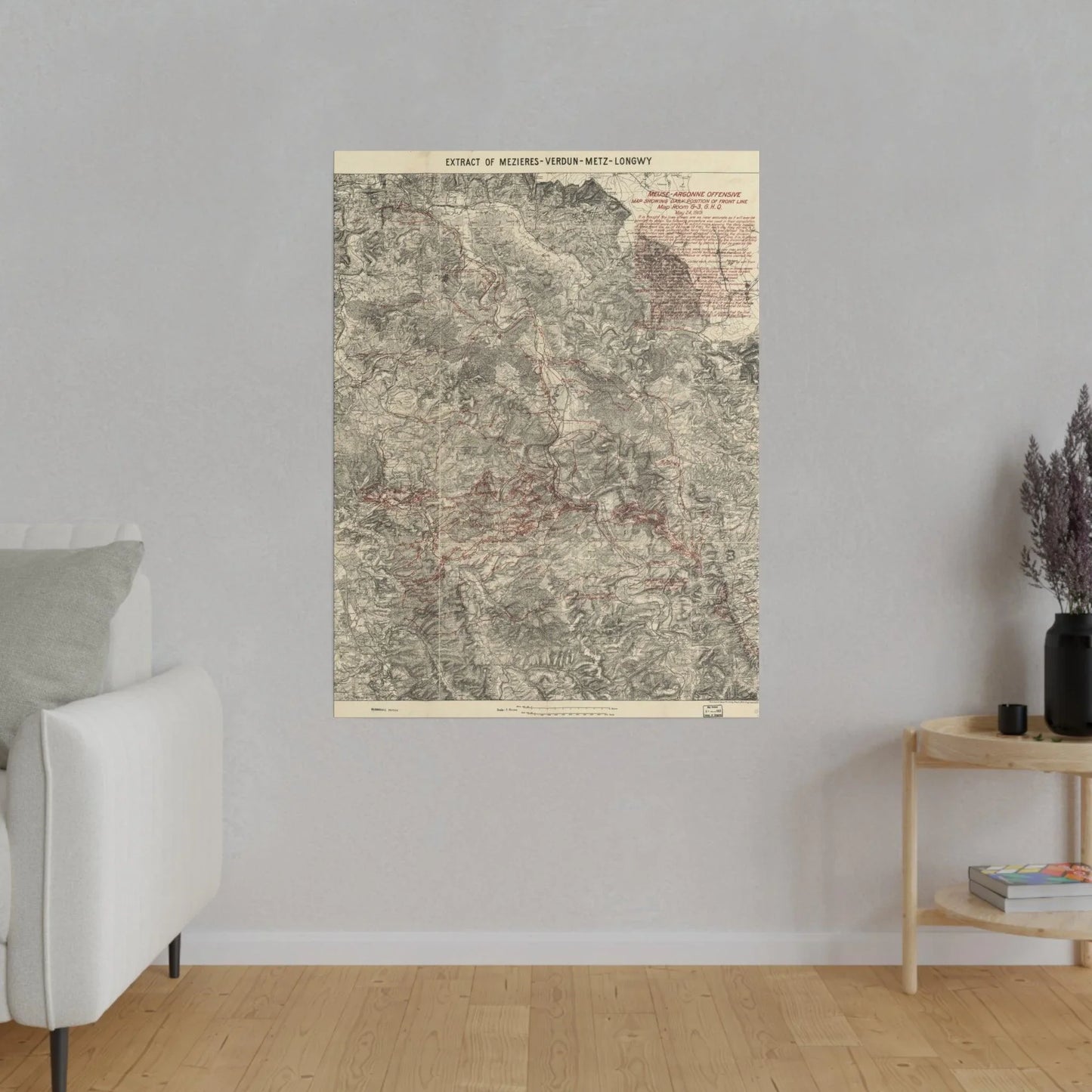 Close-up of the detailed hand-drawn map portion highlighting troop positions and terrain features from the 1919