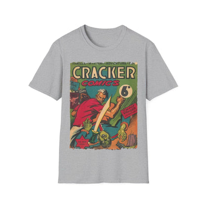 Close-up of the Cracker 1943 unisex T-shirt's textured fabric showing soft cotton blend in navy, highlighting the relaxed
