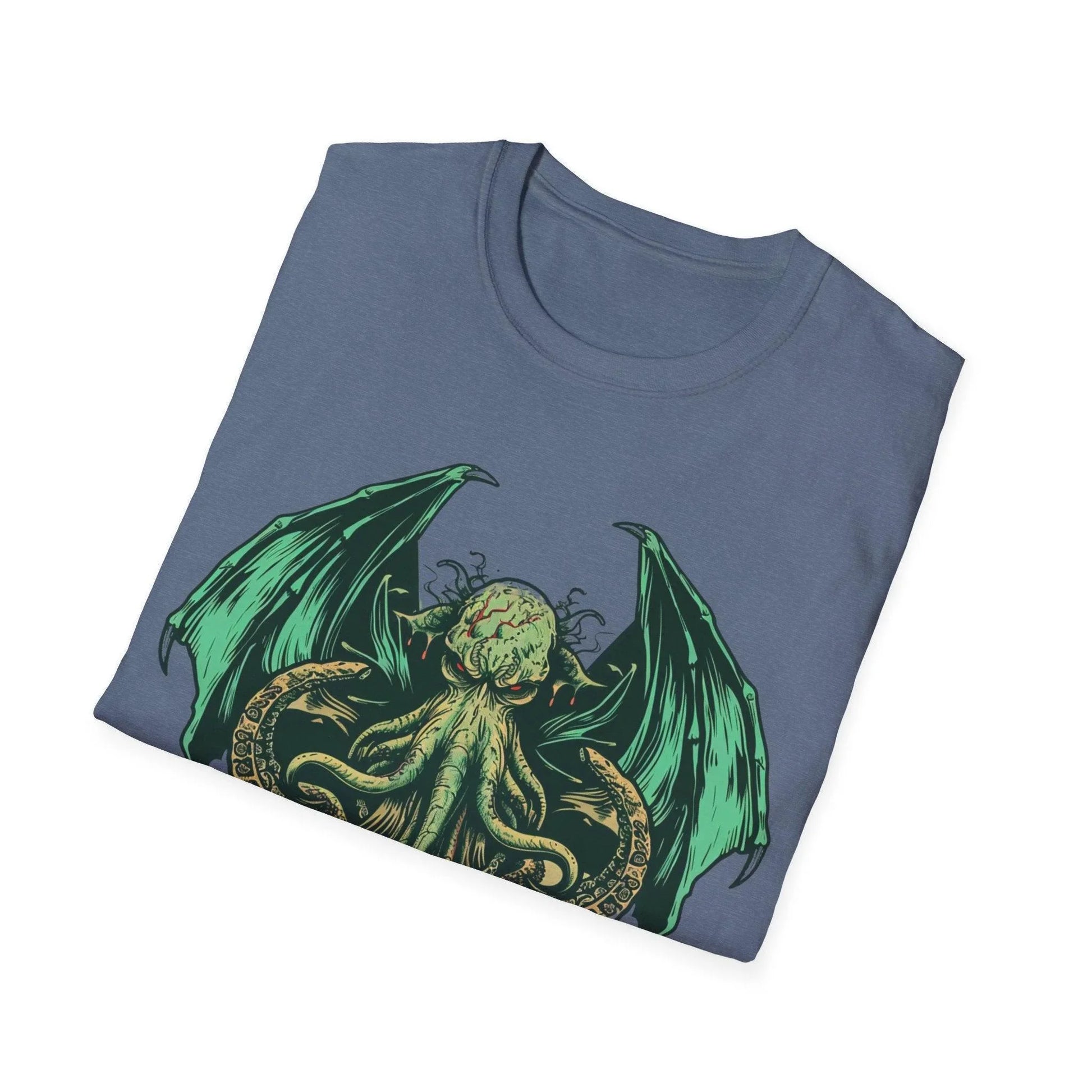 Close-up of the Cthulhu graphic detail on the chest of the heather gray unisex softstyle T-shirt, highlighting vibrant print