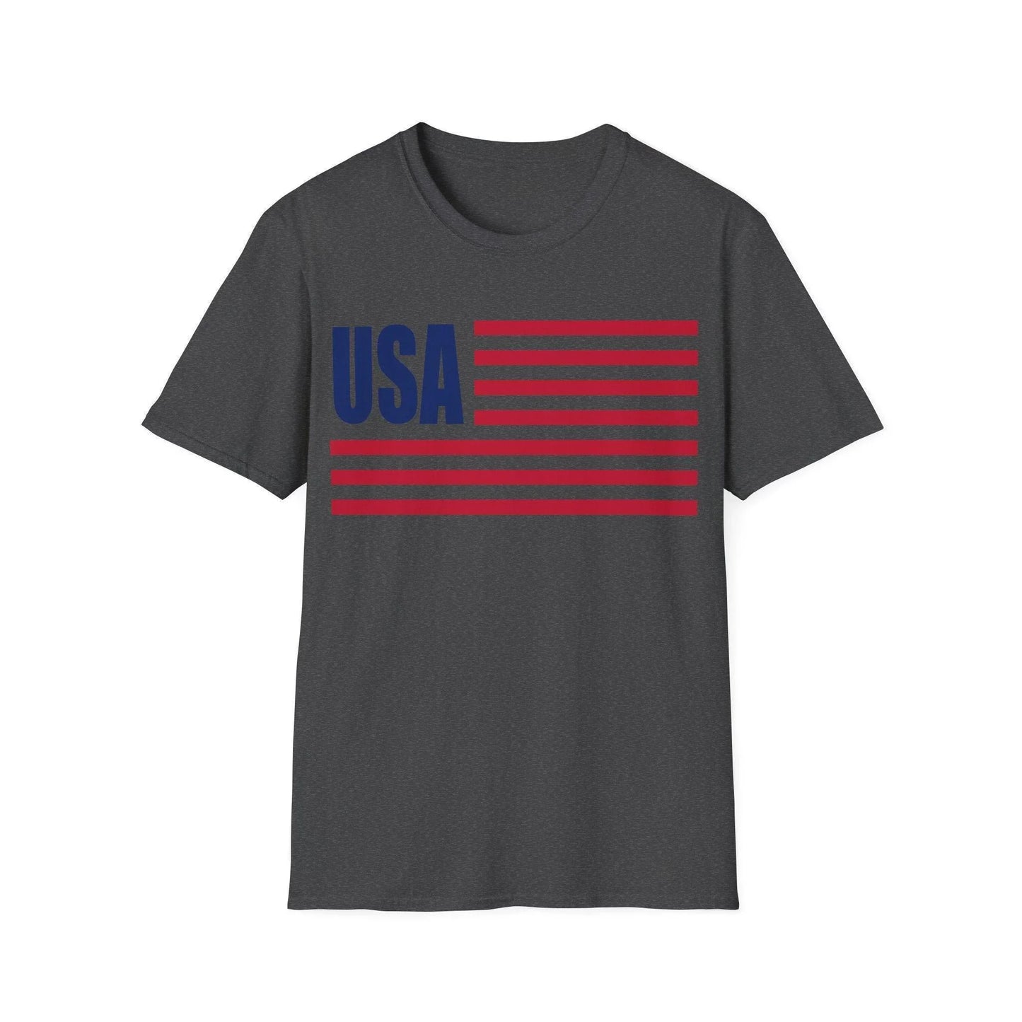 Front detail of the American Flag USA Colors on a softblue relaxed fit T-shirt with crew neckline and short sleeves
