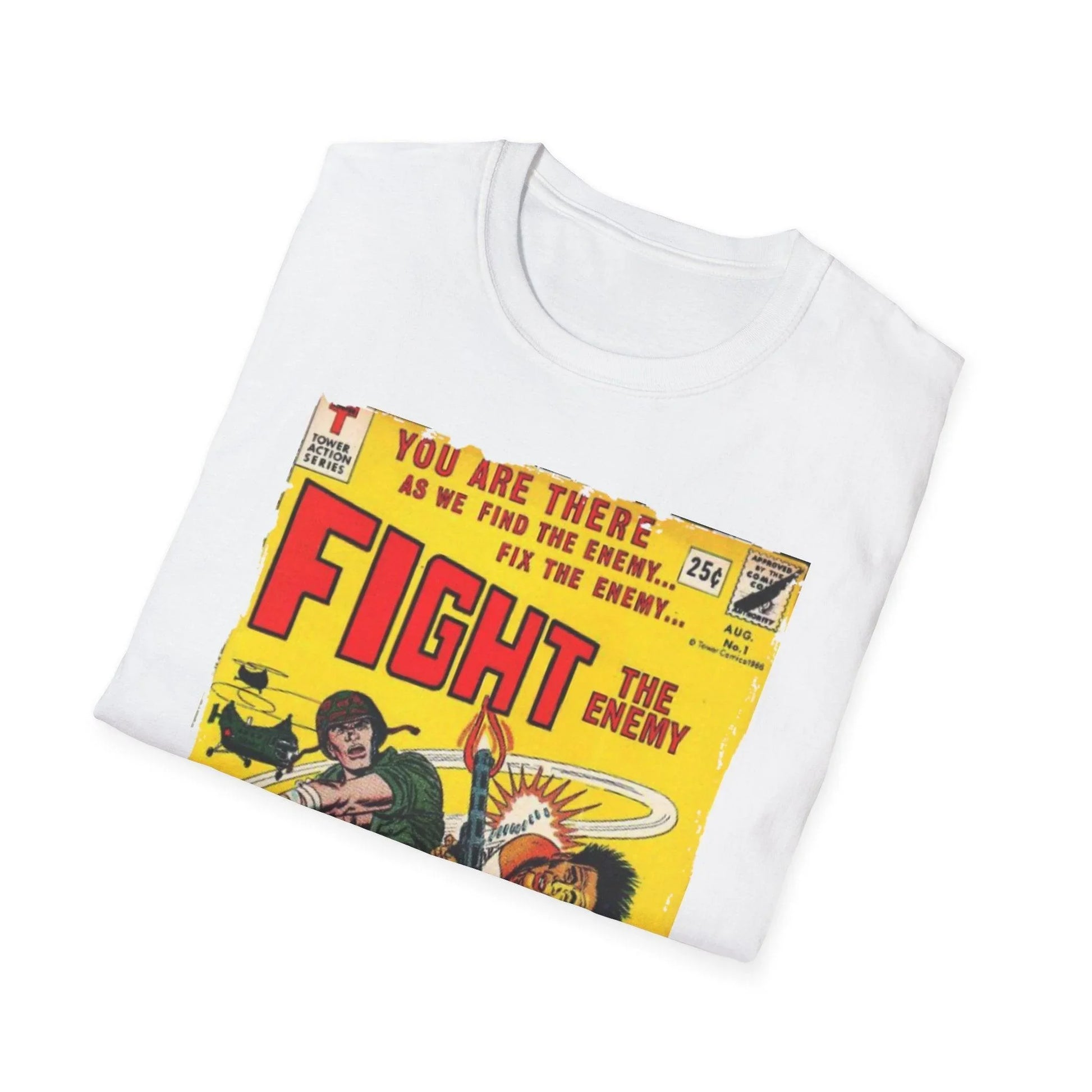 Close-up of the unisex softstyle T-shirt label sewn into the hem, highlighting the fabric blend and relaxed fit in steel