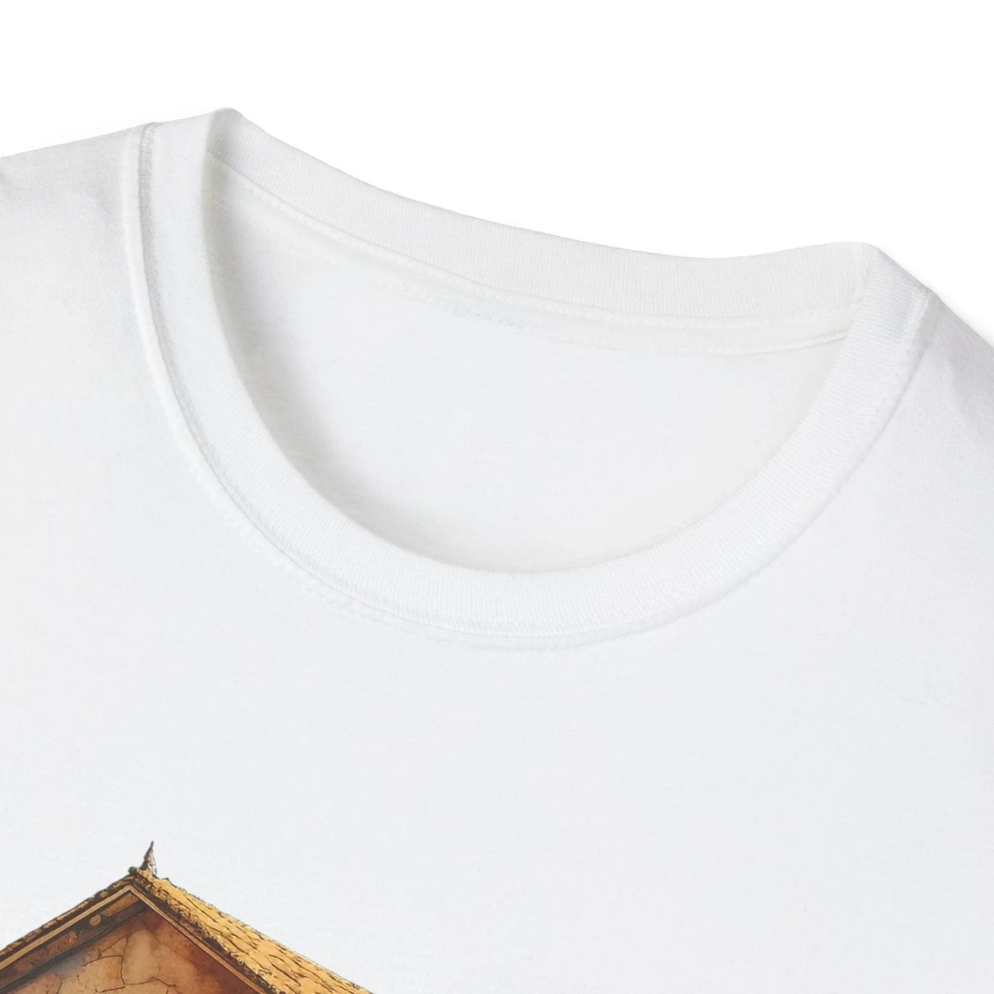 Close-up of the unisex softstyle T-shirt's collar demonstrating smooth crew neckline and subtle stitching on vibrant navy