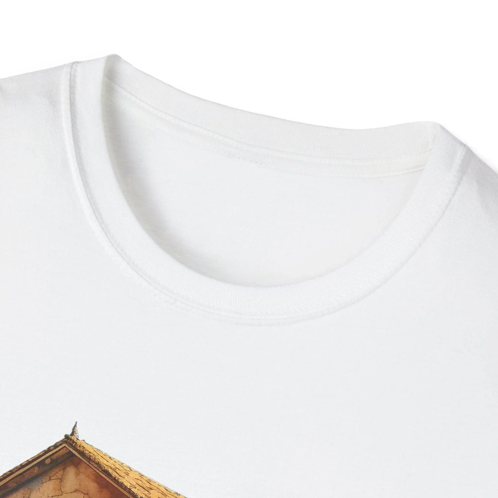 Close-up of the unisex softstyle T-shirt's collar demonstrating smooth crew neckline and subtle stitching on vibrant navy