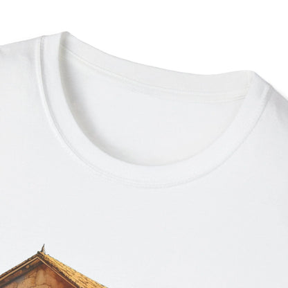 Close-up of the unisex softstyle T-shirt's collar demonstrating smooth crew neckline and subtle stitching on vibrant navy