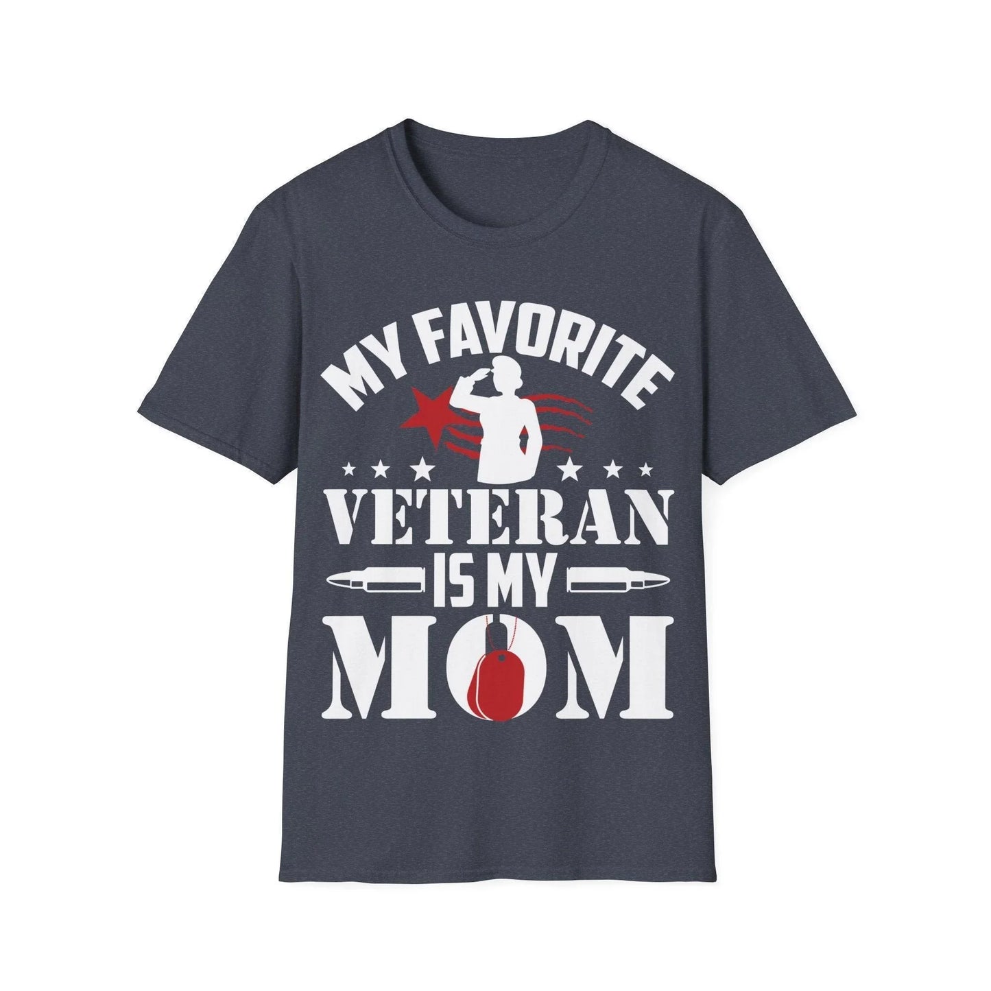 Unisex softstyle T-shirt displaying crisp "Favorite Veteran - Mom" print on front, showcasing textured fabric and relaxed