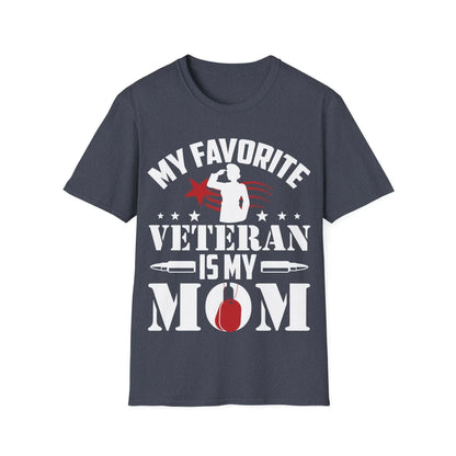 Unisex softstyle T-shirt displaying crisp "Favorite Veteran - Mom" print on front, showcasing textured fabric and relaxed