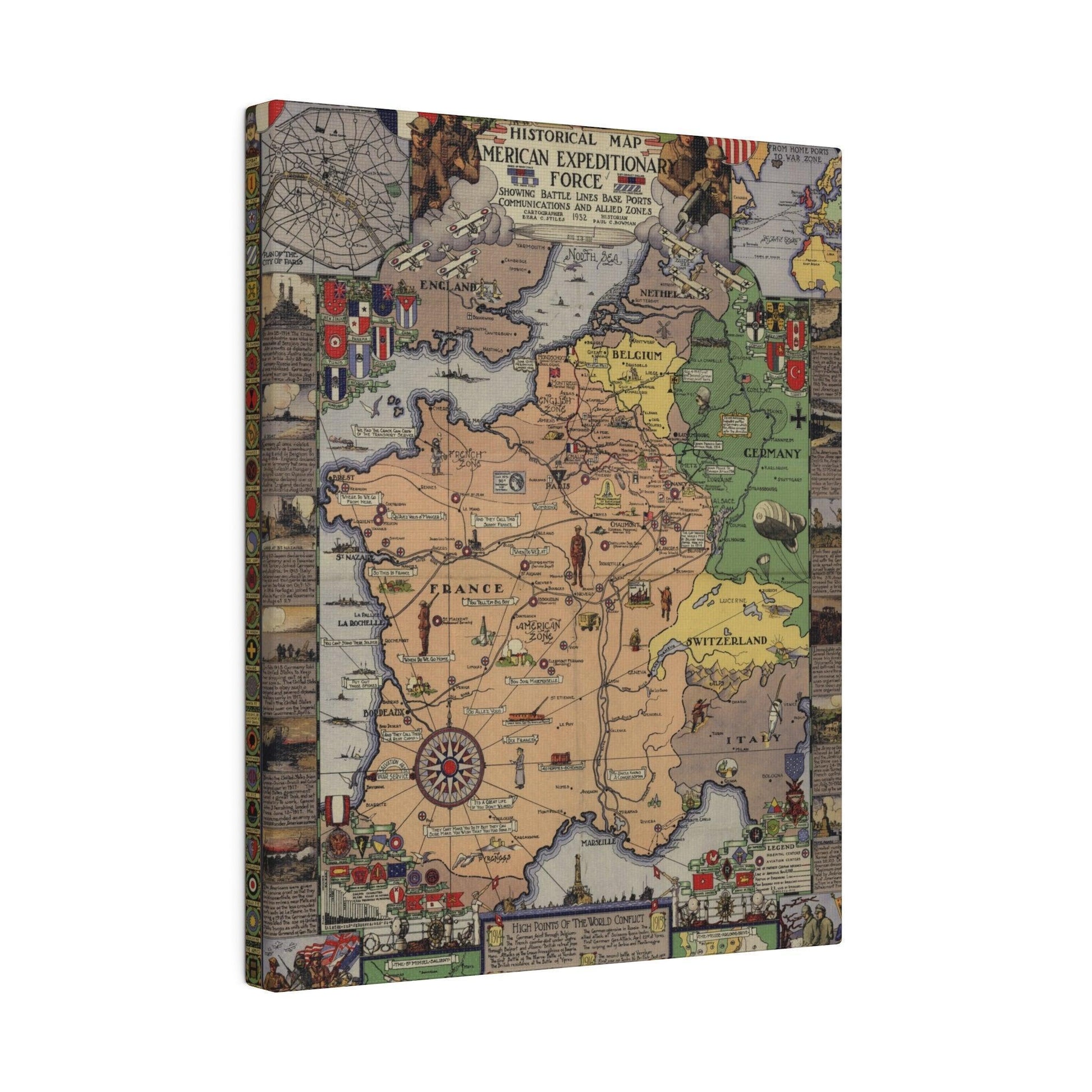 Close-up of aged canvas fabric highlighting texture and faded WWI American Expeditionary Force emblem details