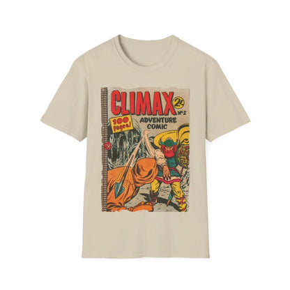 Close-up of the Climax No.2 unisex softstyle T-shirt's back neckline tag displaying fabric details and size information.