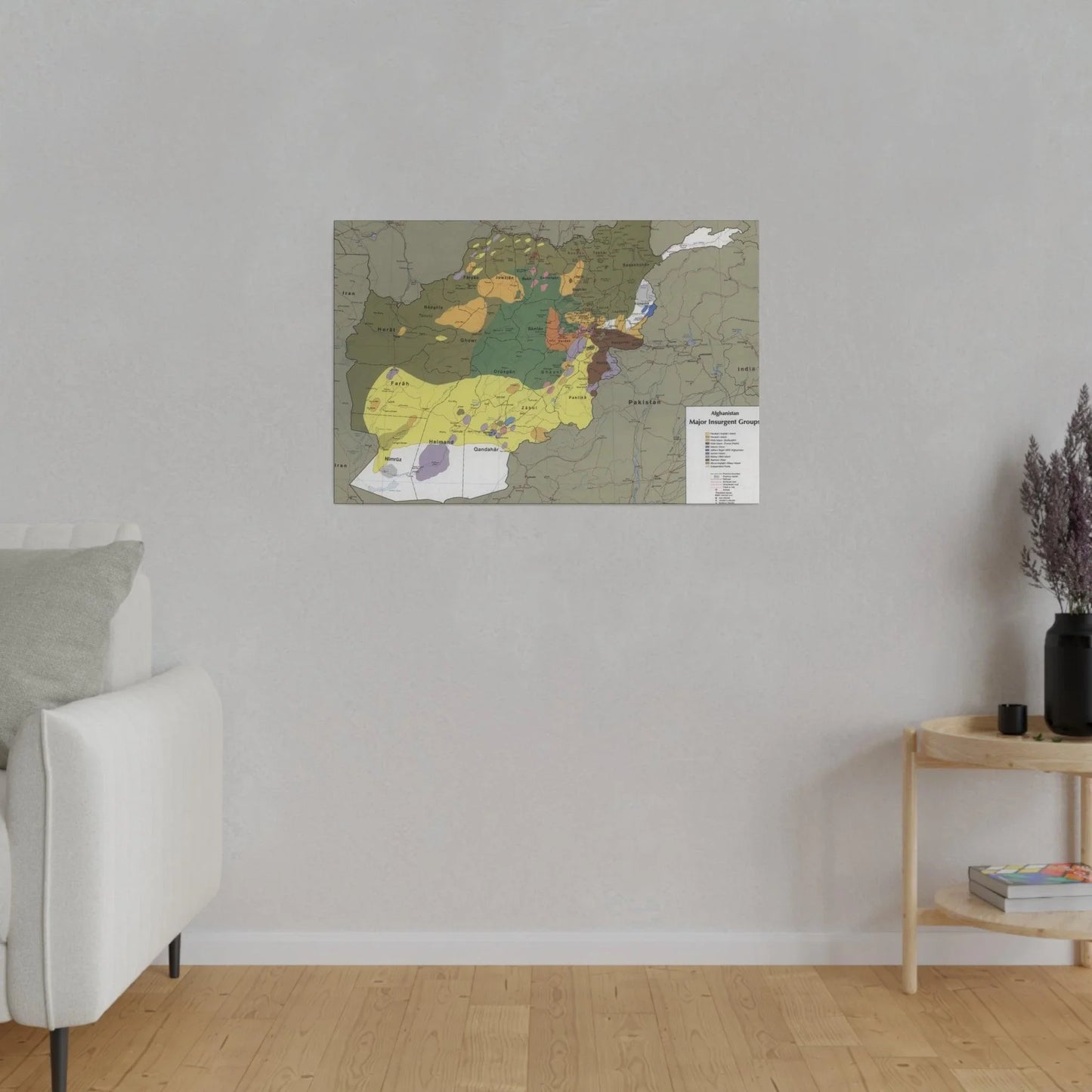 Close-up of the canvas texture highlighting detailed brushwork and aged coloration on the Afghanistan insurgent groups map