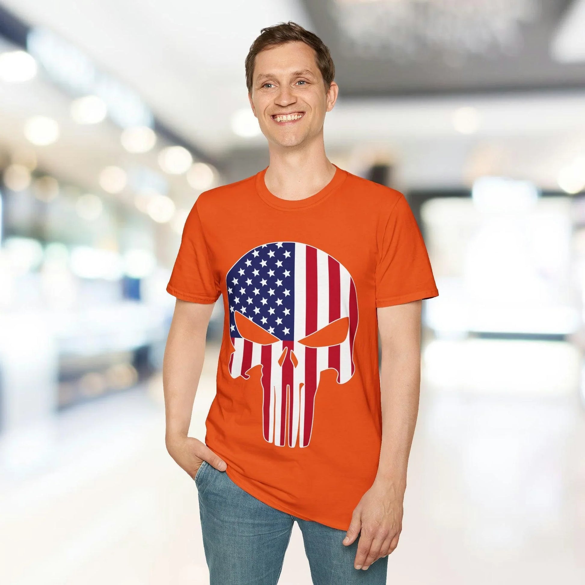 Close-up of the American Skull Flag design printed on the front chest area of the relaxed-fit white softstyle T-shirt