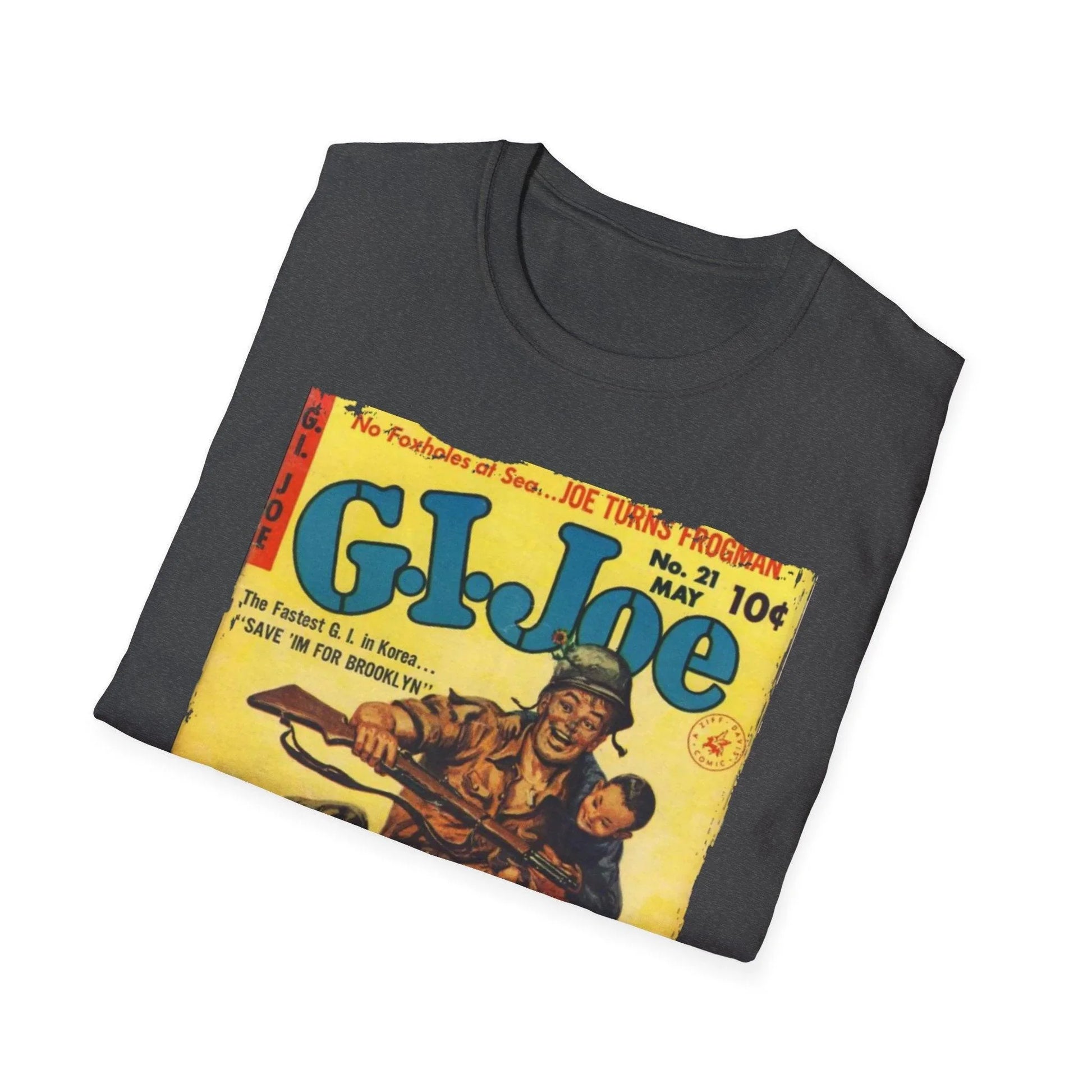 Close-up of the G.I. Joe No.21 softstyle label on the inside neckline showing fabric blend and stitching detail