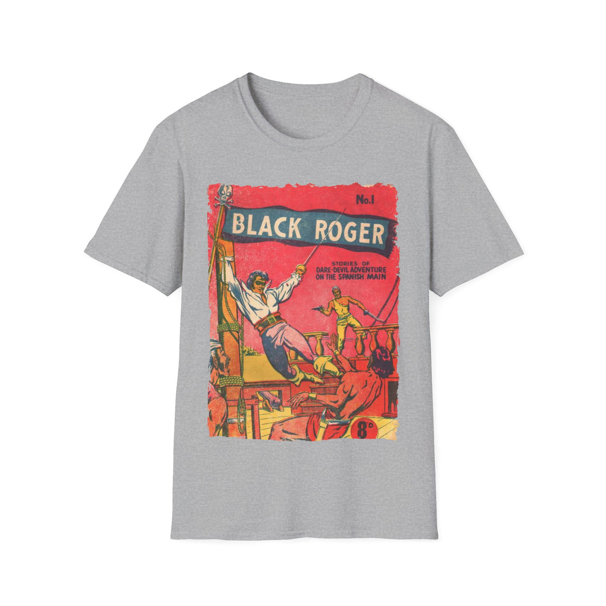 Close-up of the Black Roger No.1 unisex softstyle T-shirt collar and neckline stitching from a front angle, showcasing