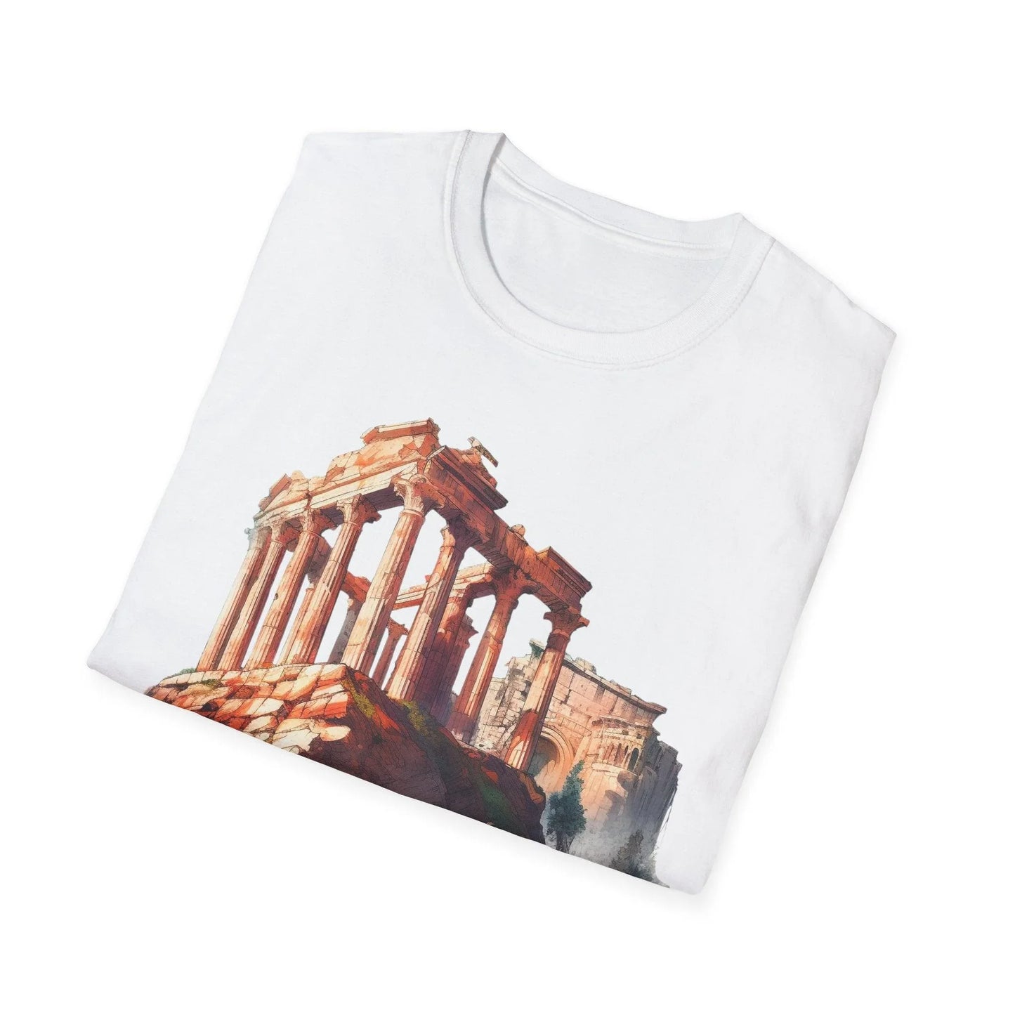 Close-up of the unisex soft-style T-shirt's relaxed fit and heather navy fabric, highlighting subtle texture and stitched