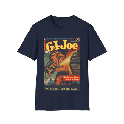 Close-up of navy cotton blend fabric’s smooth texture and subtle heather pattern from a front neckline angle